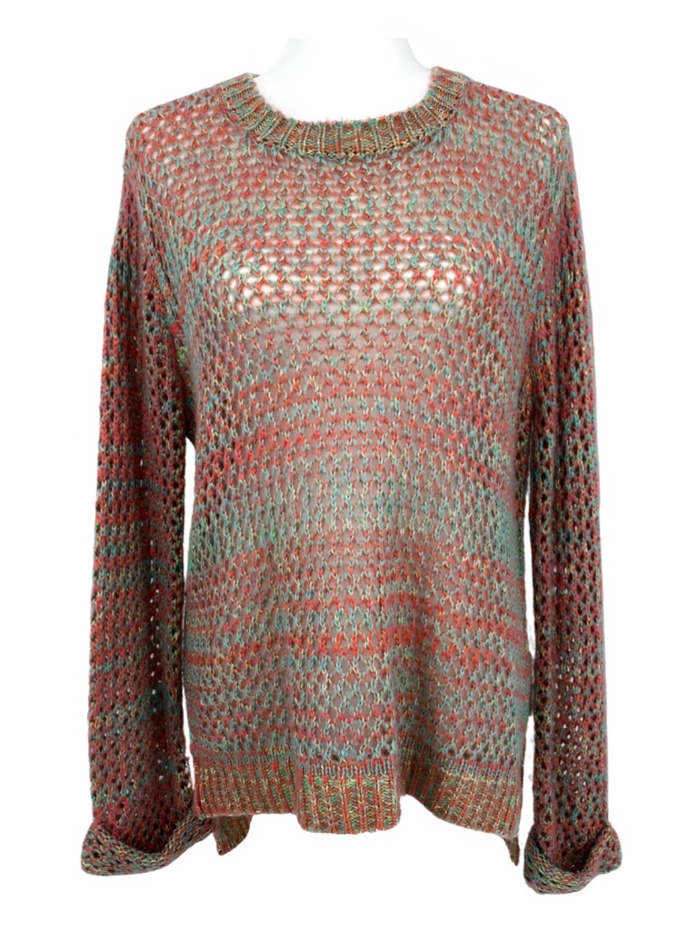 JJ Basics Sweater Pastel Open Knit High Low Style in Pink & Green Women's Medium